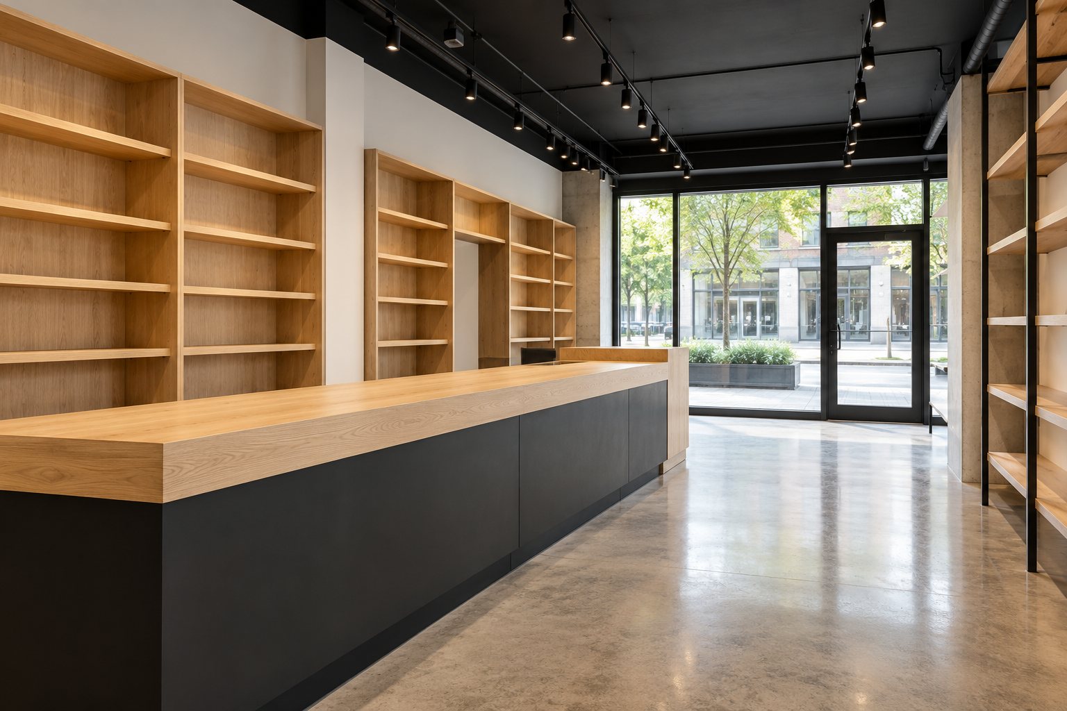 Agencement intérieur d’un magasin avec comptoir et étagères en bois