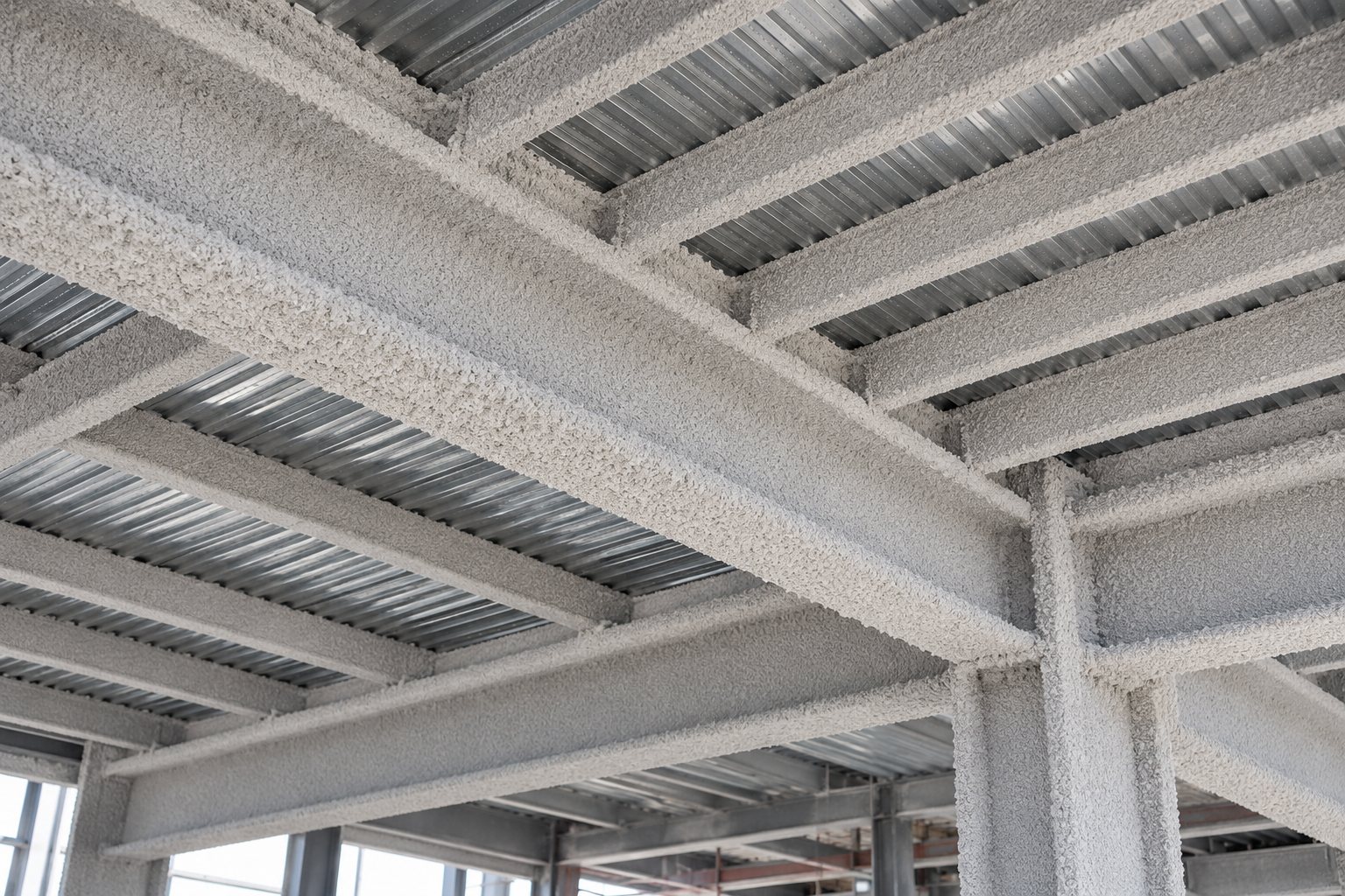 Flocage coupe-feu projeté sur une structure métallique