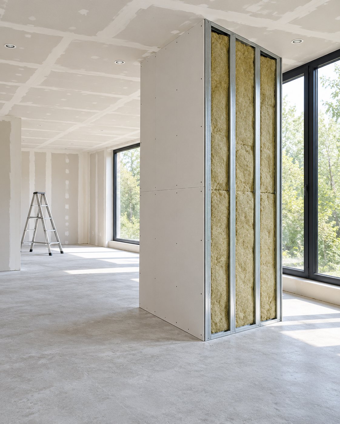 Cloison en plaques de plâtre sur ossature métallique avec isolant, dans un intérieur lumineux en travaux