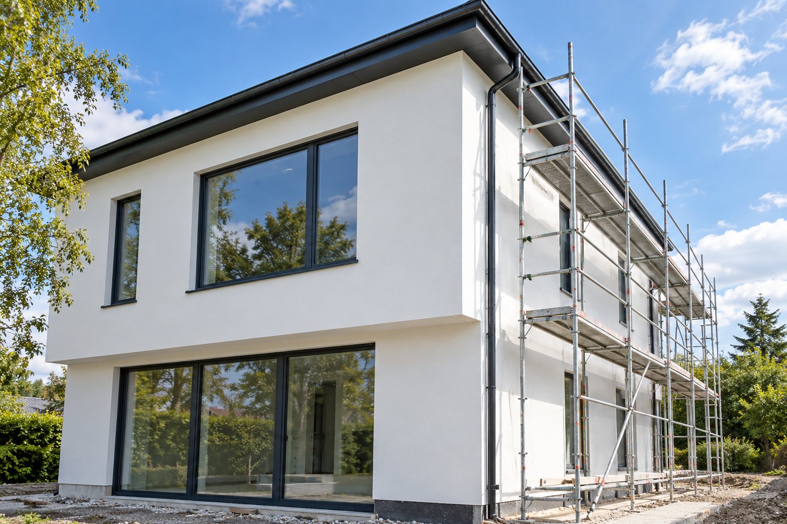 Façade de maison peinte en blanc avec échafaudage