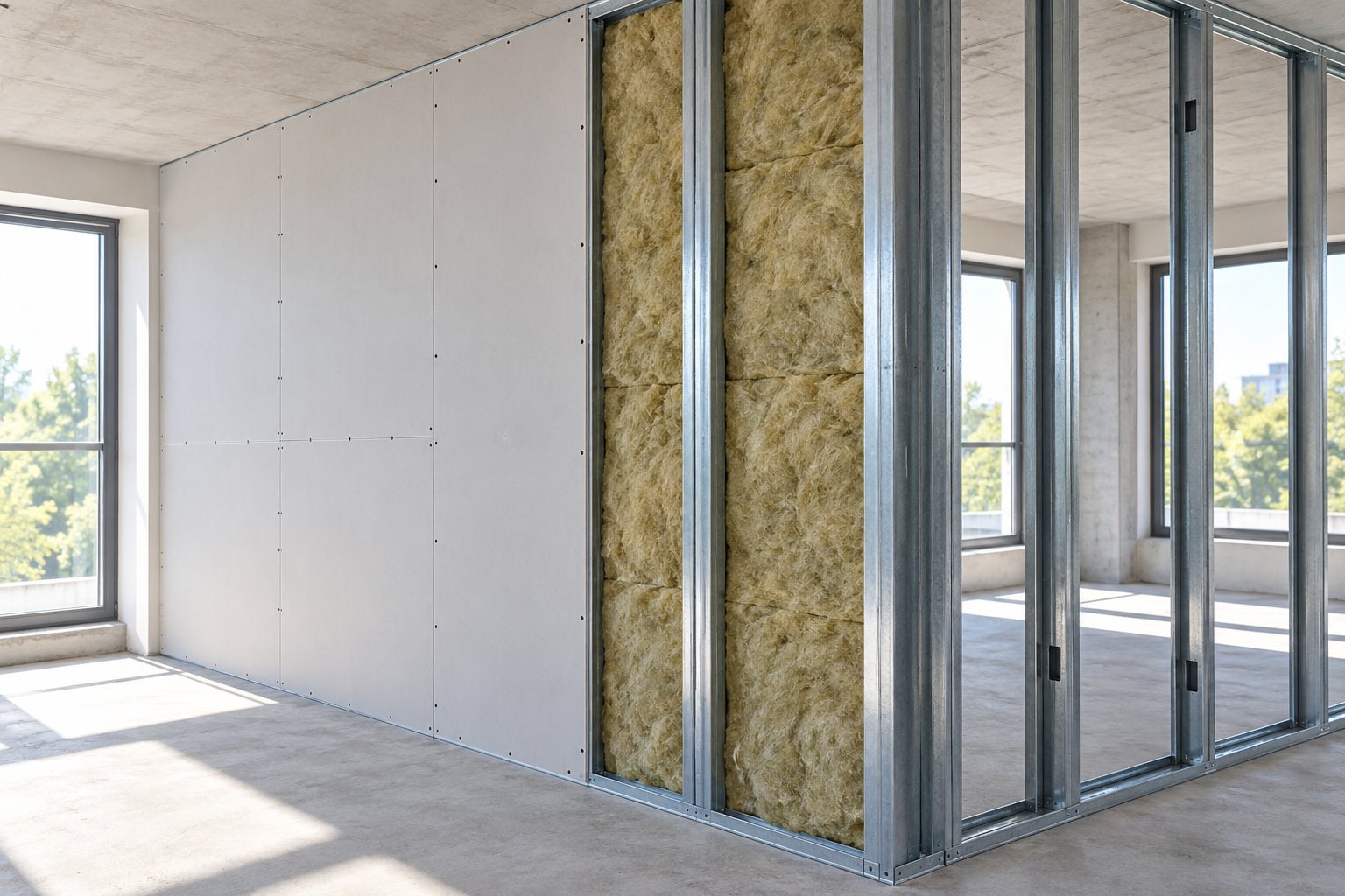 Cloison placo en cours de pose sur rails et montants métalliques