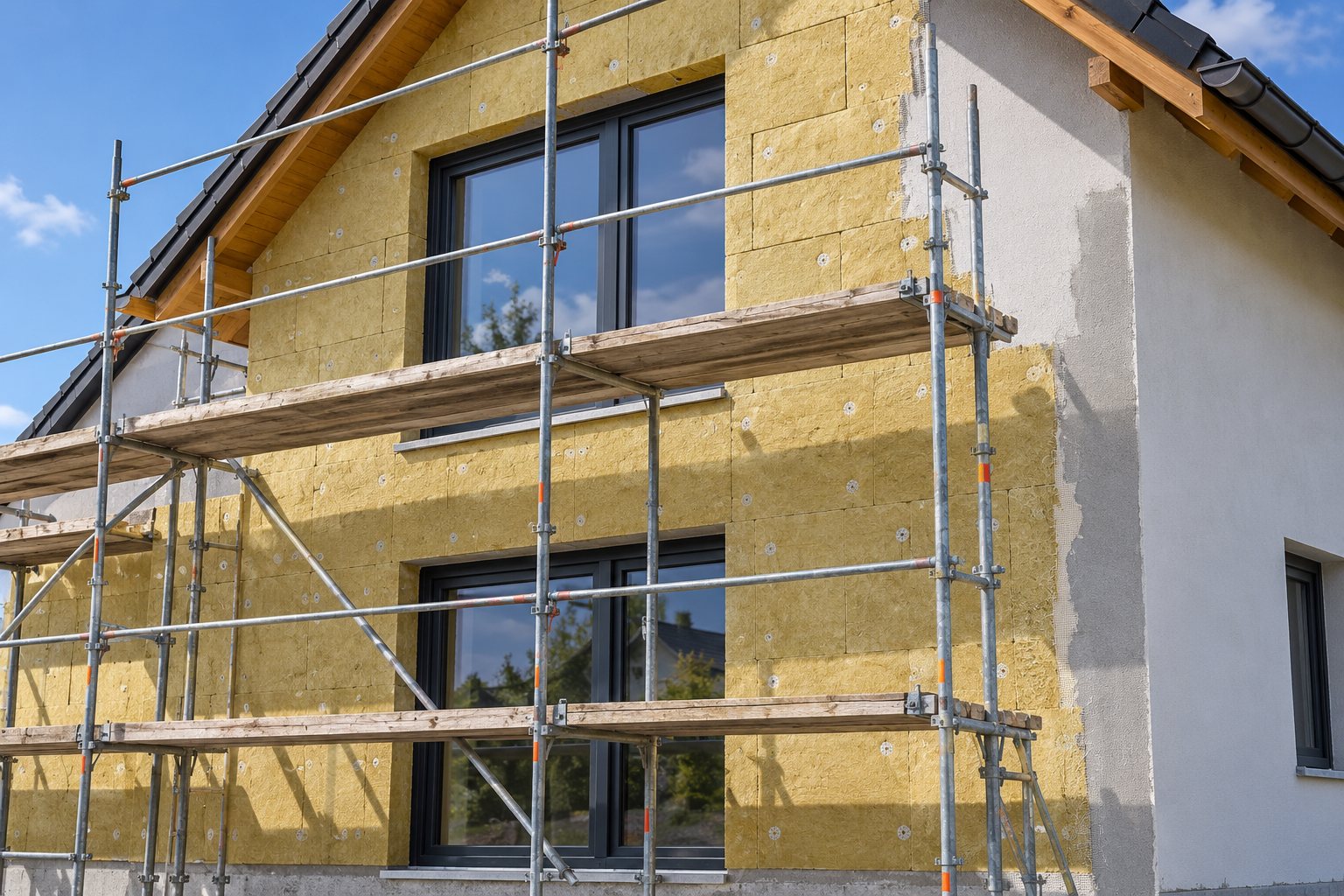 Isolation thermique par l’extérieur d’une maison avec échafaudage